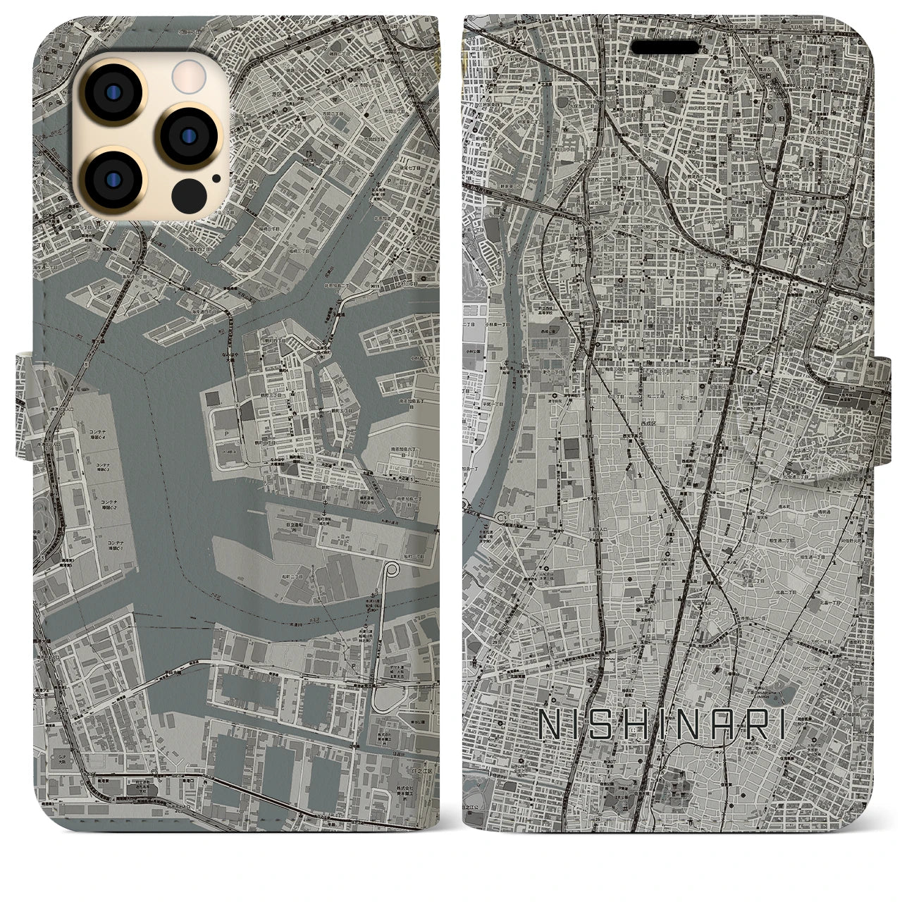 【西成(大阪府)】地図柄iPhoneケース(手帳タイプ)モノトーン・iPhone 12 Pro Max 用