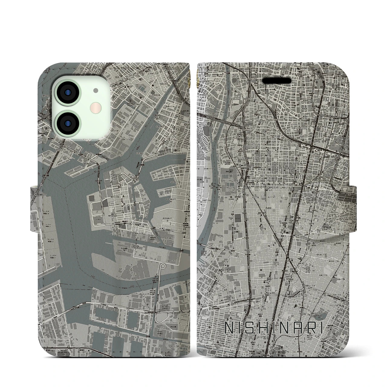 【西成(大阪府)】地図柄iPhoneケース(手帳タイプ)モノトーン・iPhone 12 mini 用