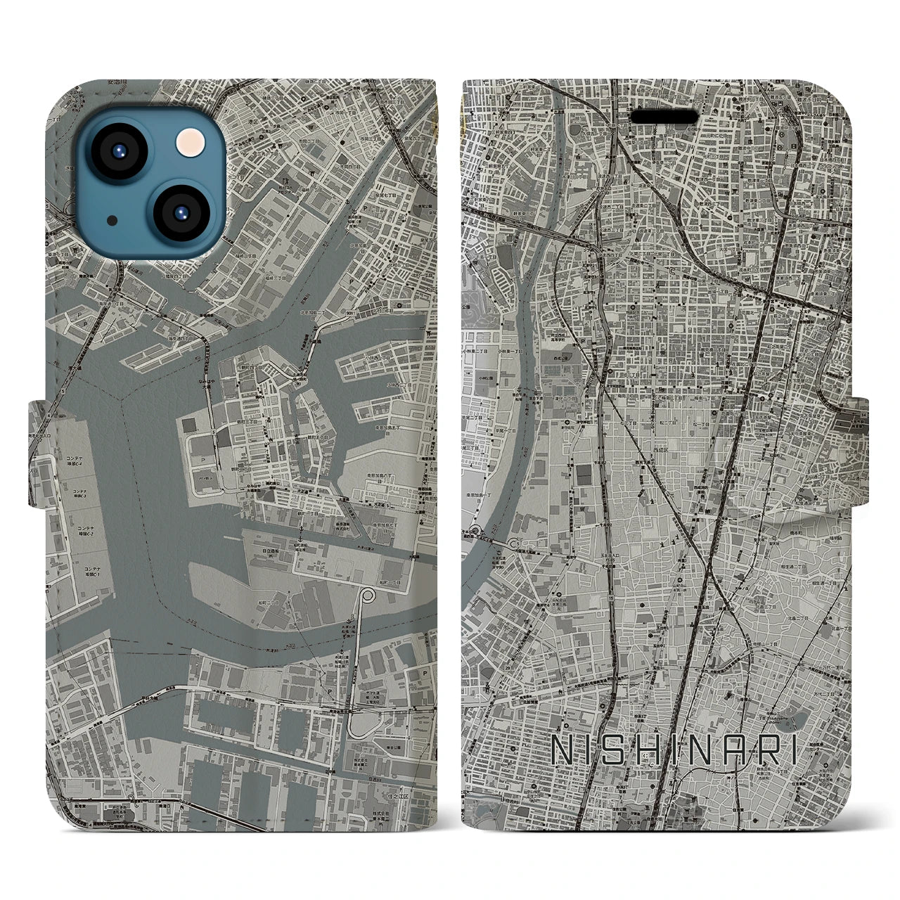 【西成(大阪府)】地図柄iPhoneケース(手帳タイプ)モノトーン・iPhone 13 用