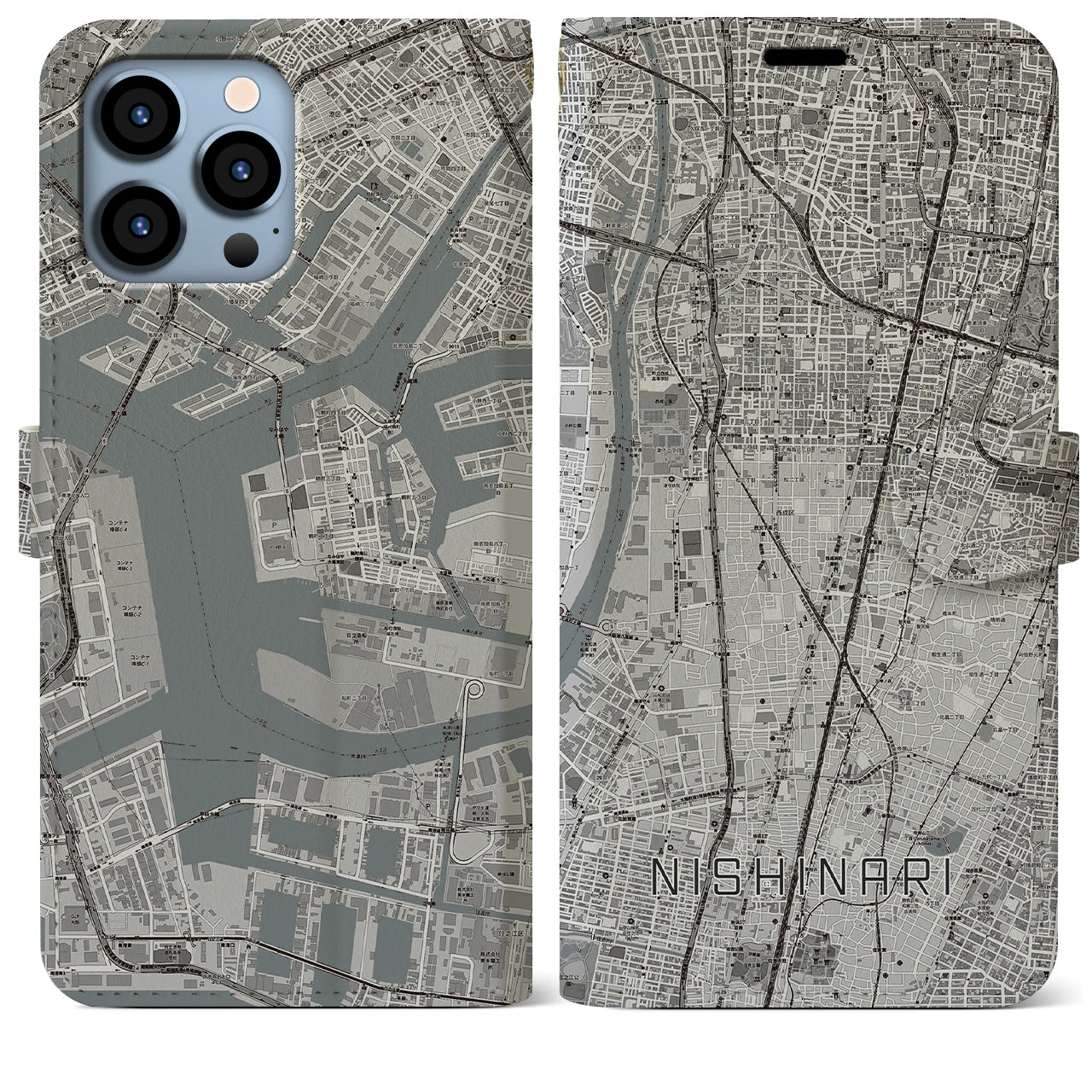 【西成(大阪府)】地図柄iPhoneケース(手帳タイプ)モノトーン・iPhone 13 Pro Max 用