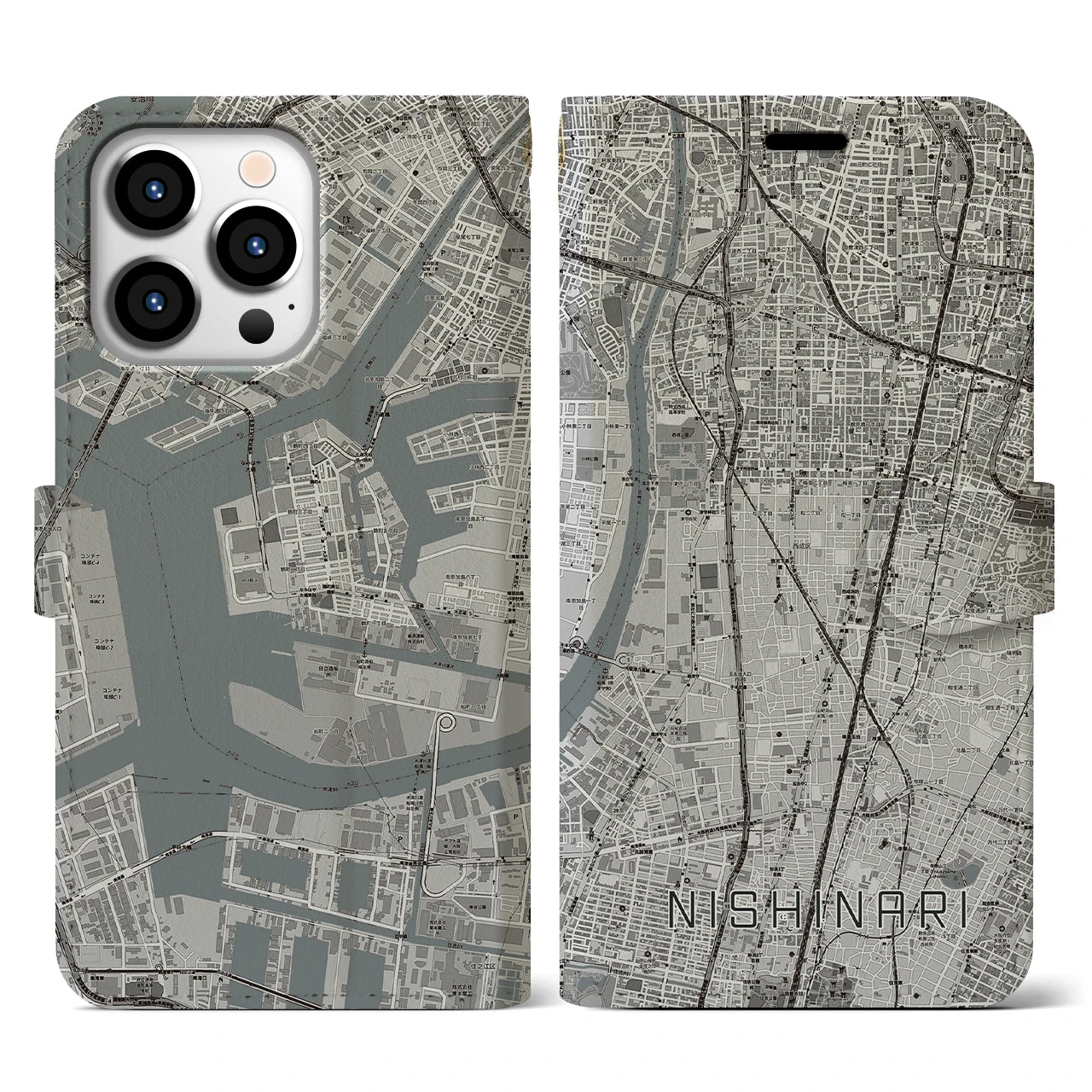 【西成(大阪府)】地図柄iPhoneケース(手帳タイプ)モノトーン・iPhone 13 Pro 用