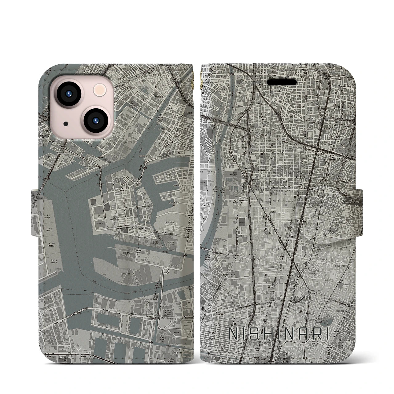 【西成(大阪府)】地図柄iPhoneケース(手帳タイプ)モノトーン・iPhone 13 mini 用