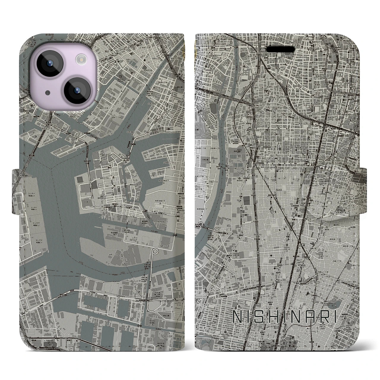 【西成(大阪府)】地図柄iPhoneケース(手帳タイプ)モノトーン・iPhone 14 用