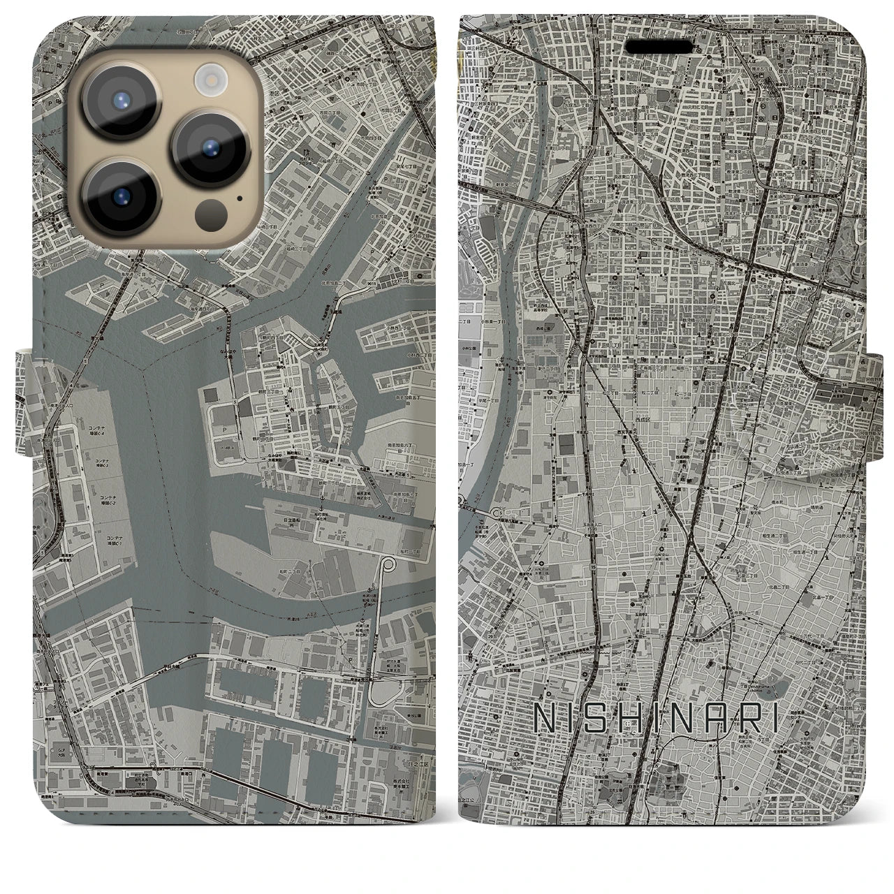 【西成(大阪府)】地図柄iPhoneケース(手帳タイプ)モノトーン・iPhone 14 Pro Max 用