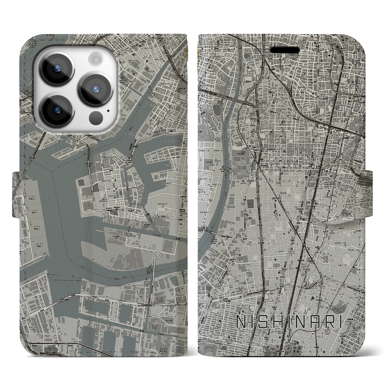 【西成(大阪府)】地図柄iPhoneケース(手帳タイプ)モノトーン・iPhone 14 Pro 用