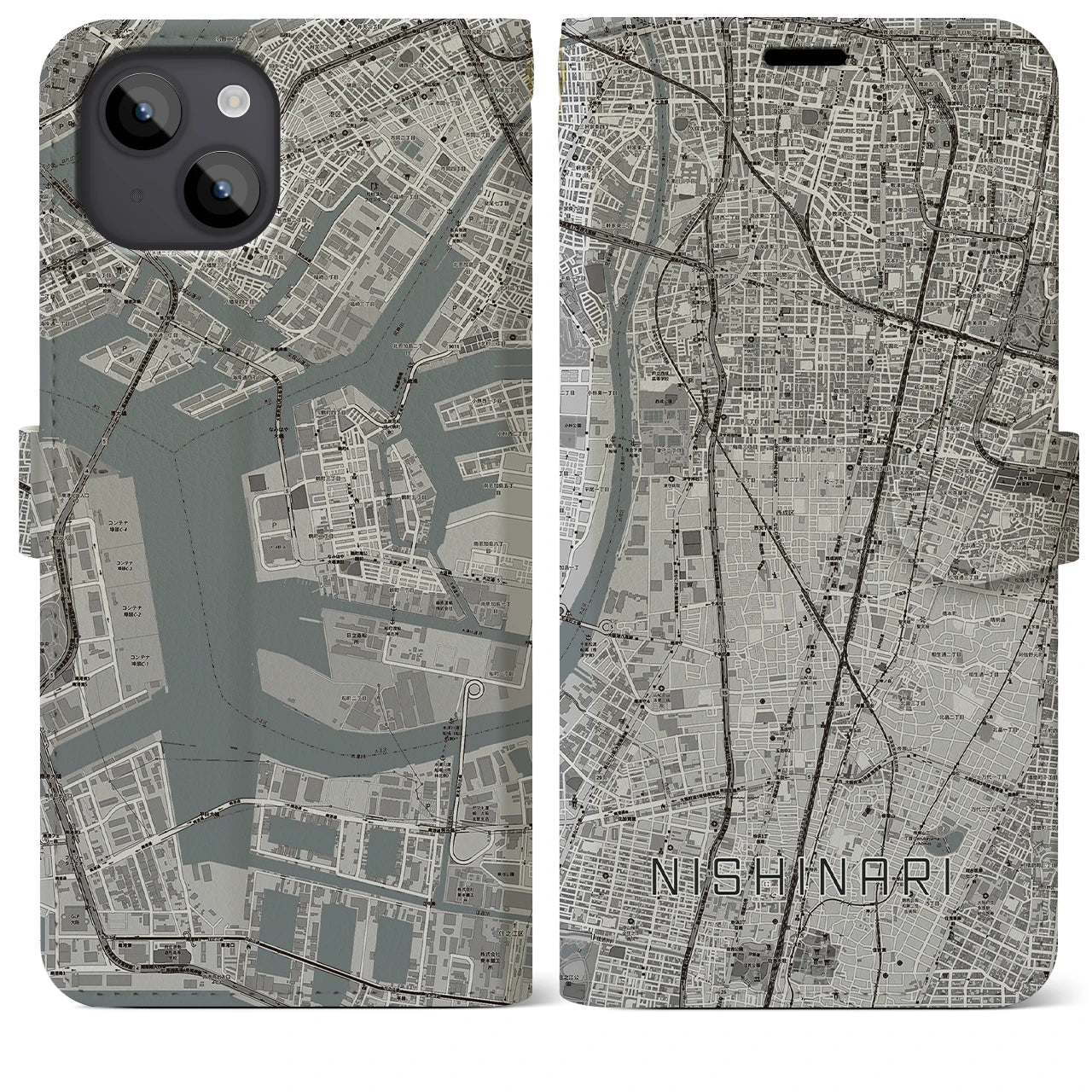 【西成(大阪府)】地図柄iPhoneケース(手帳タイプ)モノトーン・iPhone 14 Plus 用
