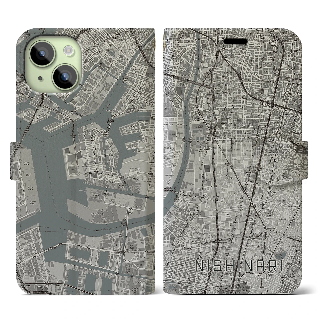 【西成(大阪府)】地図柄iPhoneケース(手帳タイプ)モノトーン・iPhone 15 用