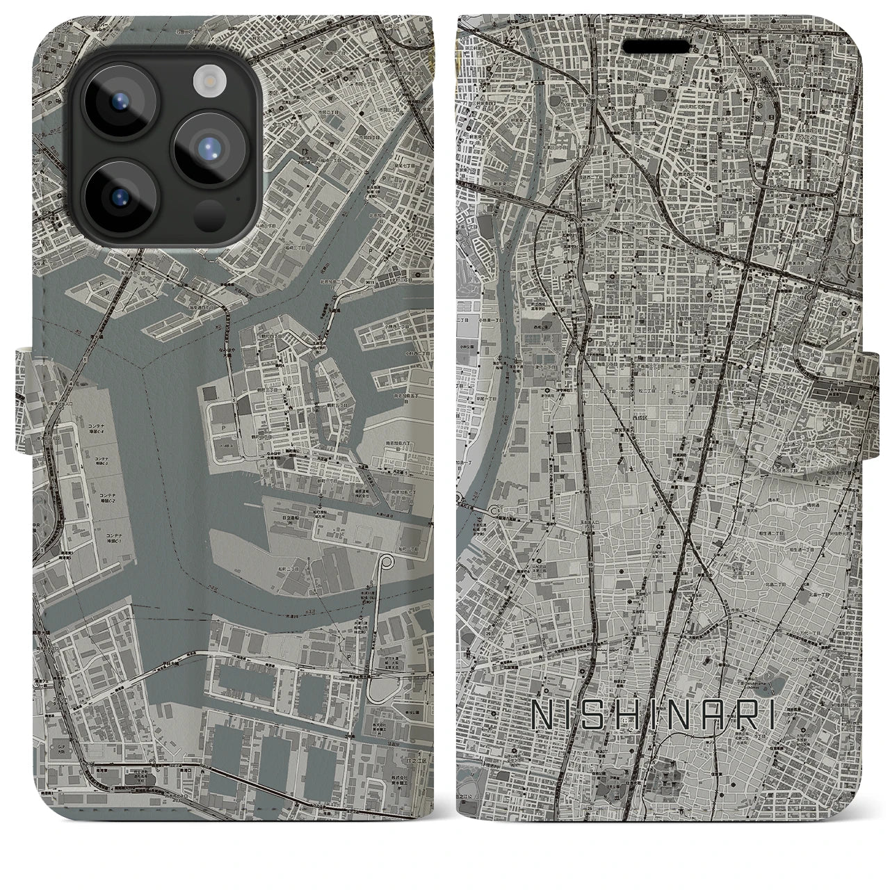 【西成(大阪府)】地図柄iPhoneケース(手帳タイプ)モノトーン・iPhone 15 Pro Max 用