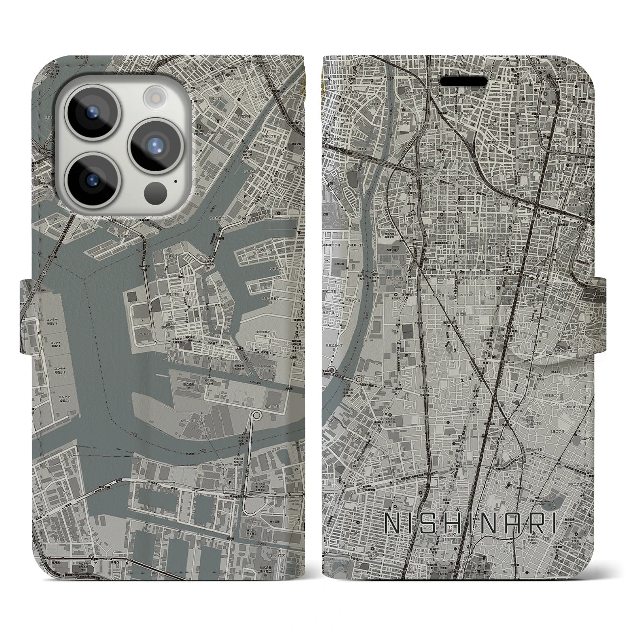 【西成(大阪府)】地図柄iPhoneケース(手帳タイプ)モノトーン・iPhone 15 Pro 用