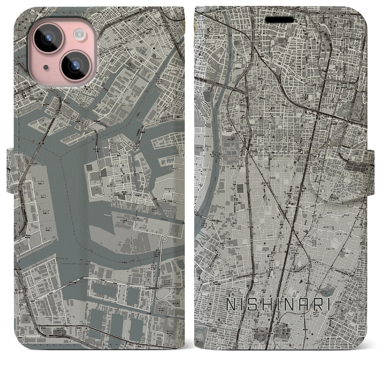 【西成(大阪府)】地図柄iPhoneケース(手帳タイプ)モノトーン・iPhone 15 Plus 用