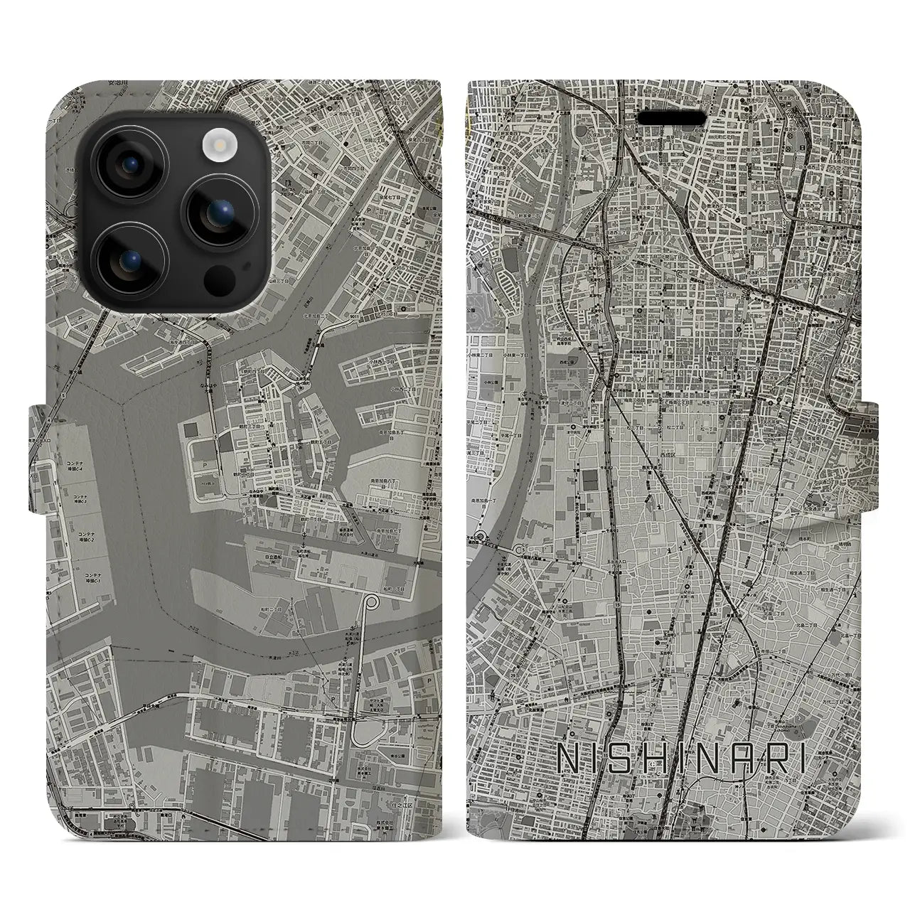 【西成(大阪府)】地図柄iPhoneケース(手帳タイプ)モノトーン・iPhone 16 用