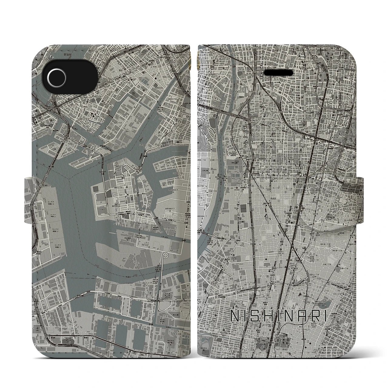 【西成(大阪府)】地図柄iPhoneケース(手帳タイプ)モノトーン・iPhone SE(第3 / 第2世代) / 8 / 7 / 6s / 6 用