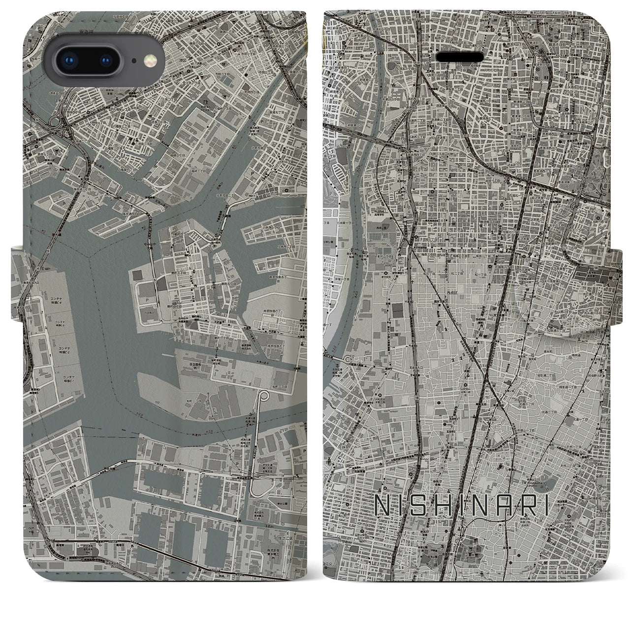 【西成(大阪府)】地図柄iPhoneケース(手帳タイプ)モノトーン・iPhone 8Plus /7Plus / 6sPlus / 6Plus 用