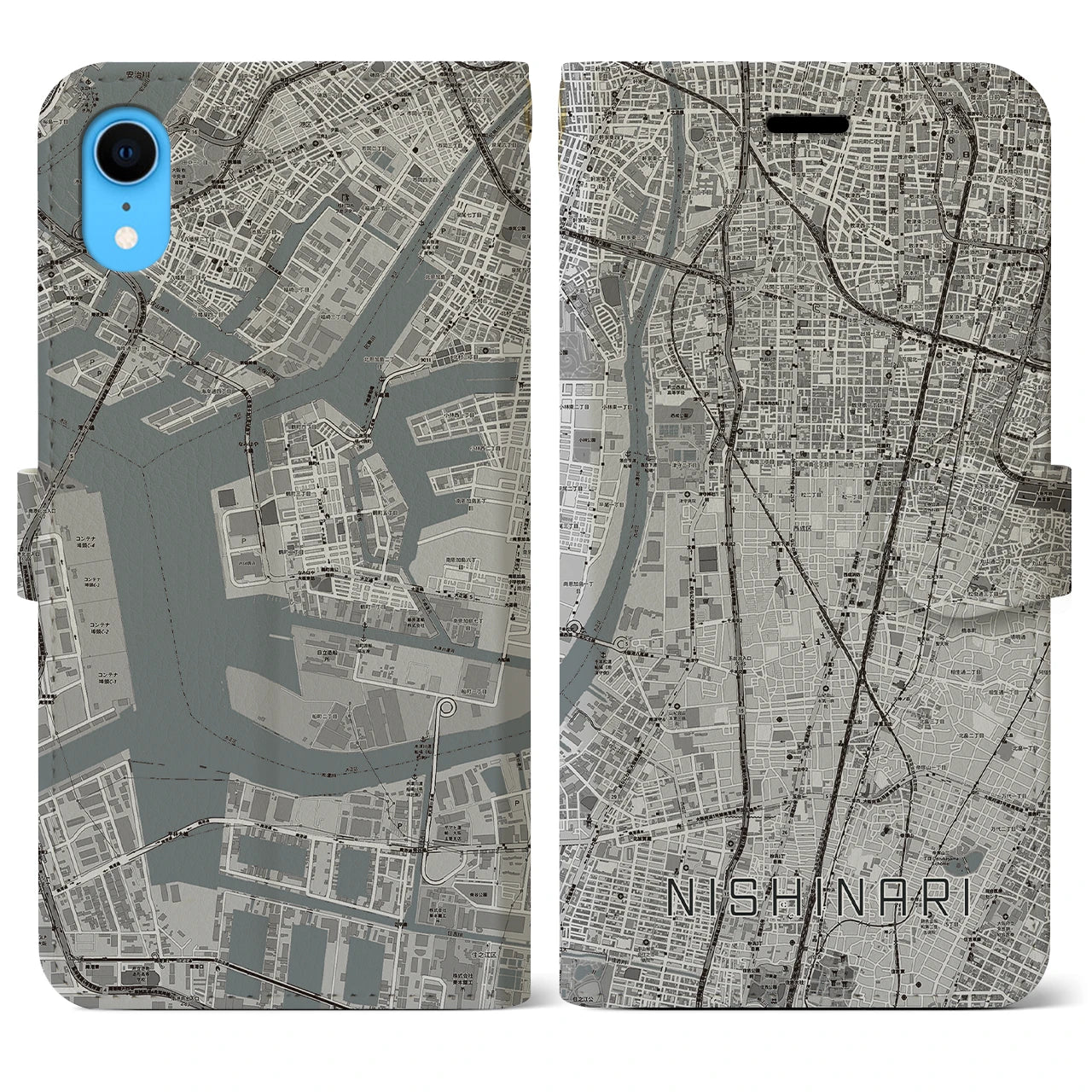 【西成(大阪府)】地図柄iPhoneケース(手帳タイプ)モノトーン・iPhone XR 用