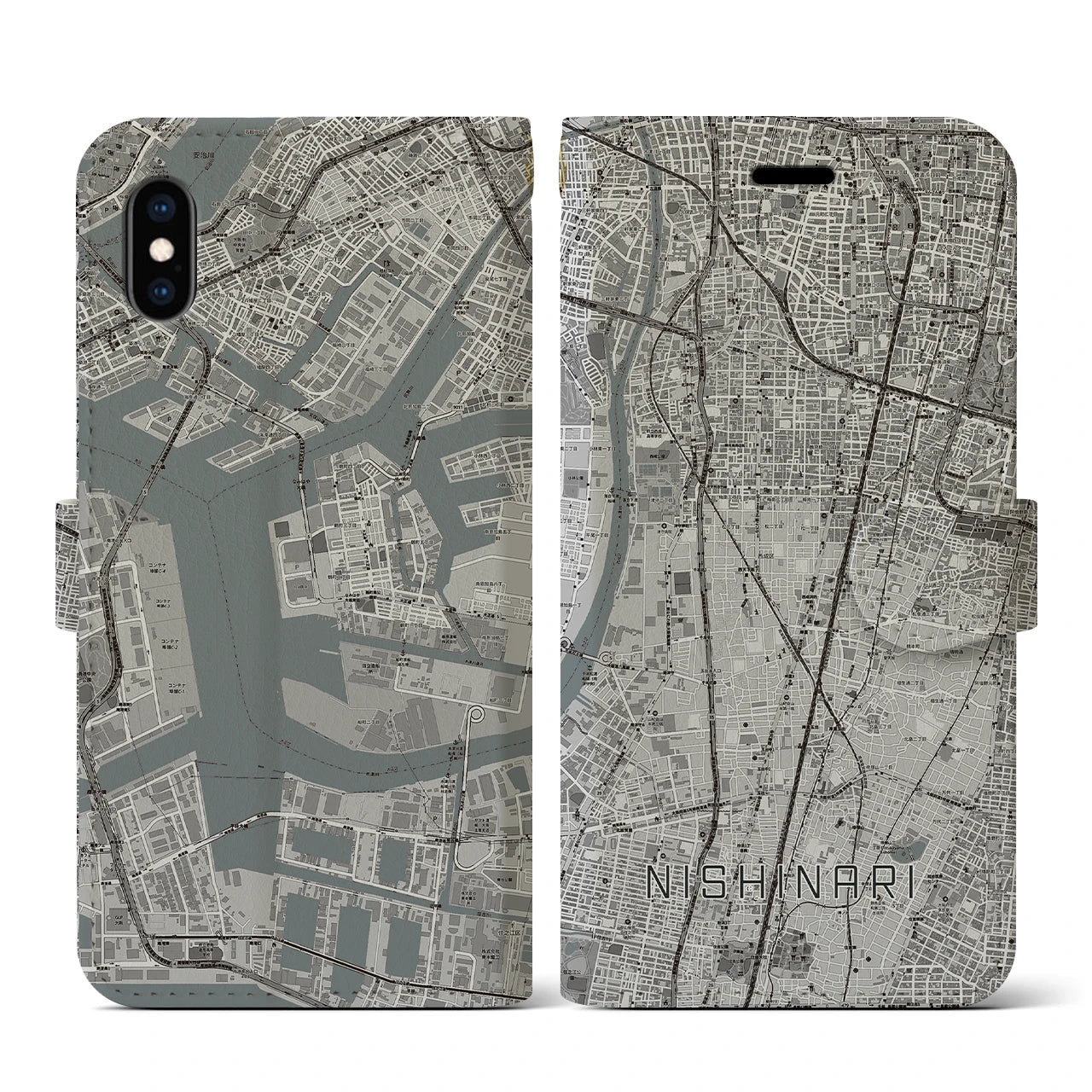 【西成(大阪府)】地図柄iPhoneケース(手帳タイプ)モノトーン・iPhone XS / X 用