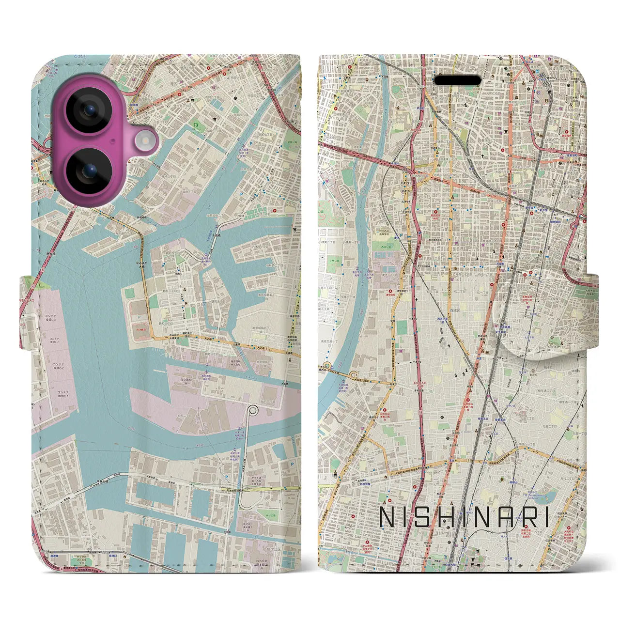 【西成(大阪府)】地図柄iPhoneケース(手帳タイプ)ナチュラル・iPhone 16 Pro 用