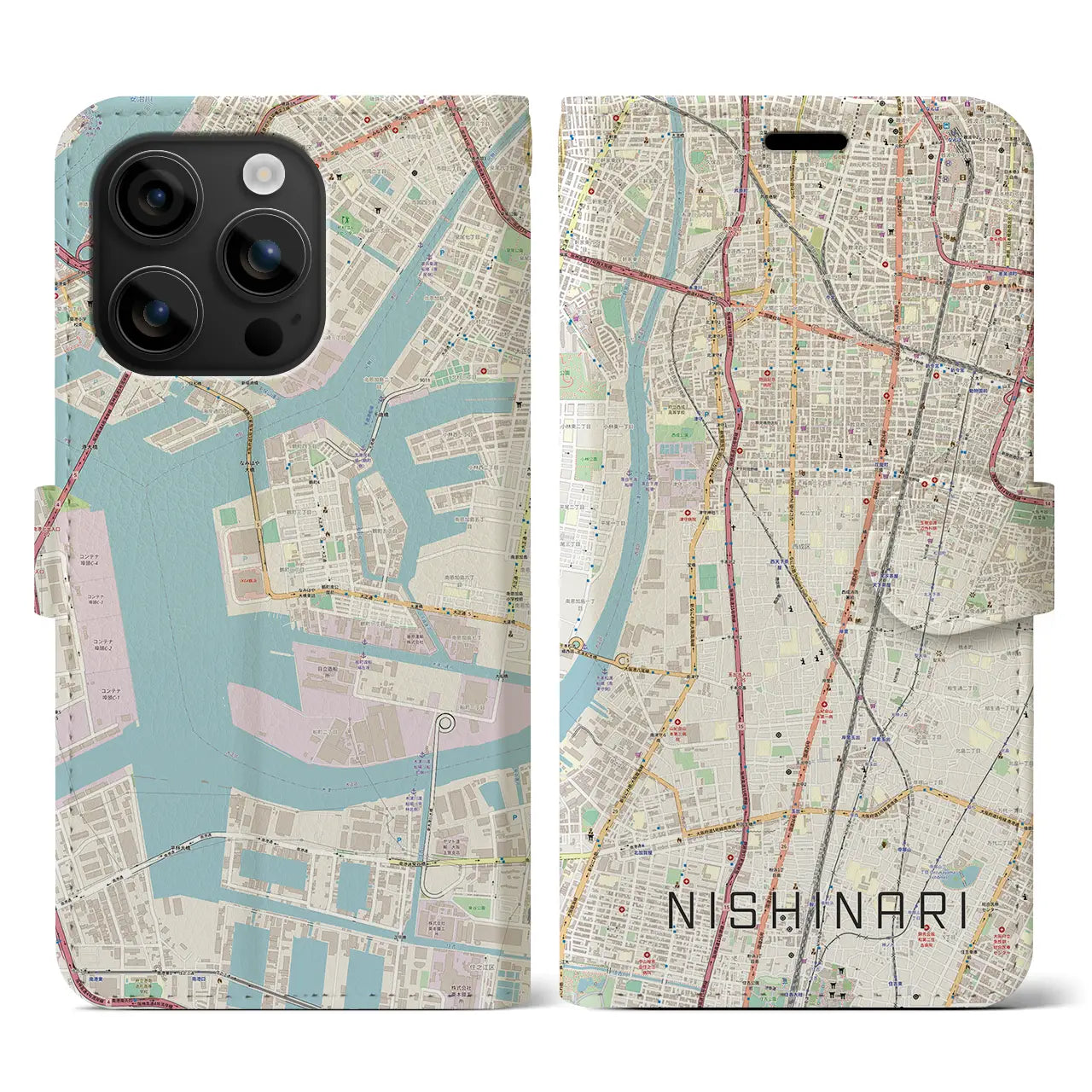 【西成(大阪府)】地図柄iPhoneケース(手帳タイプ)ナチュラル・iPhone 16 用