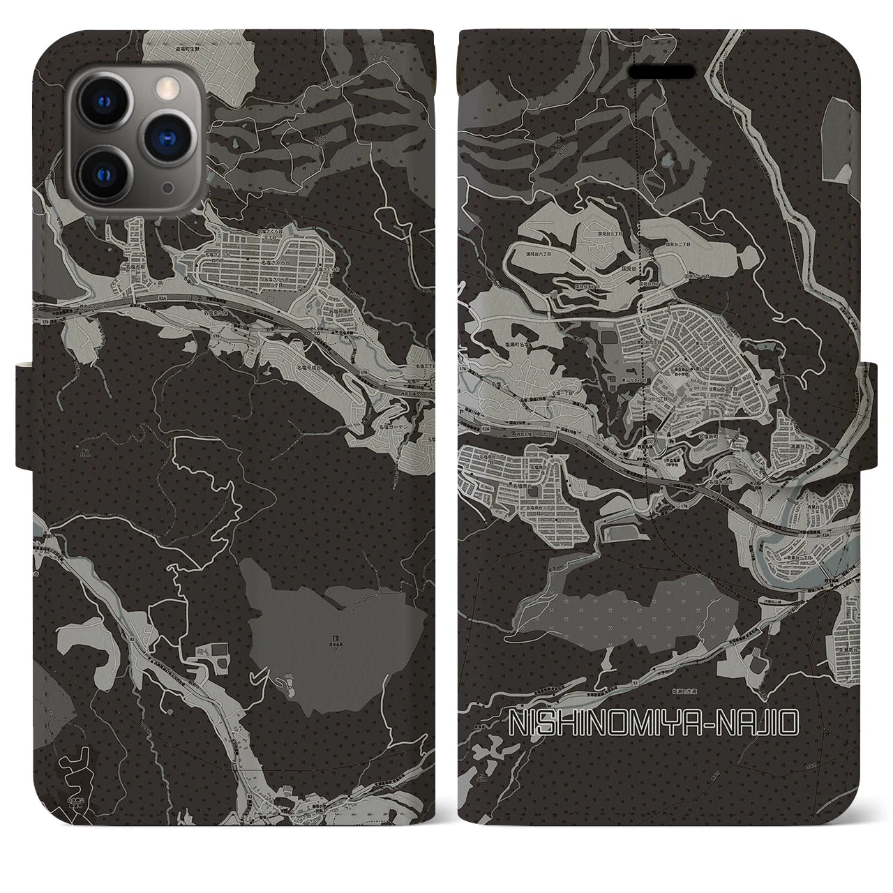 【西宮名塩(兵庫県)】地図柄iPhoneケース(手帳タイプ)モノトーン・iPhone 11 Pro Max 用