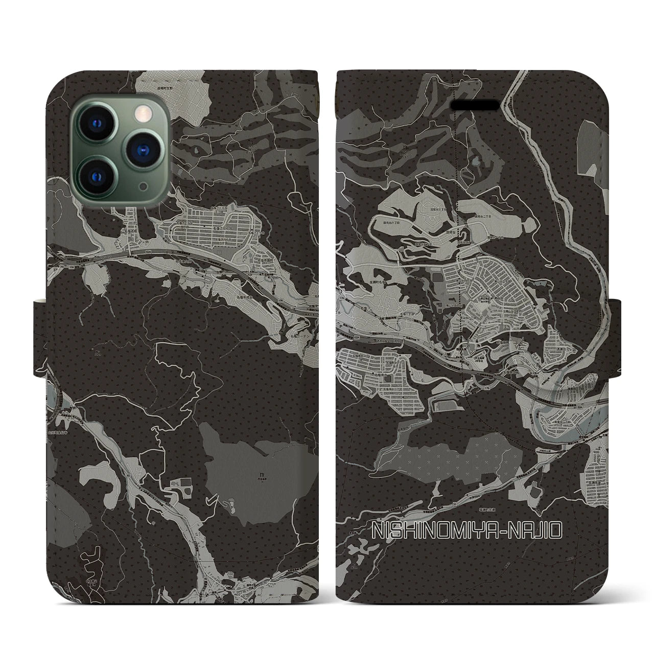 【西宮名塩(兵庫県)】地図柄iPhoneケース(手帳タイプ)モノトーン・iPhone 11 Pro 用