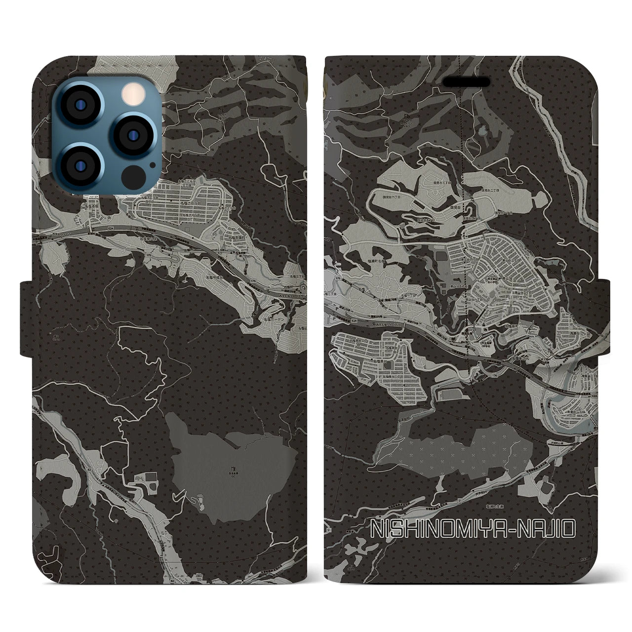 【西宮名塩(兵庫県)】地図柄iPhoneケース(手帳タイプ)モノトーン・iPhone 12 / 12 Pro 用