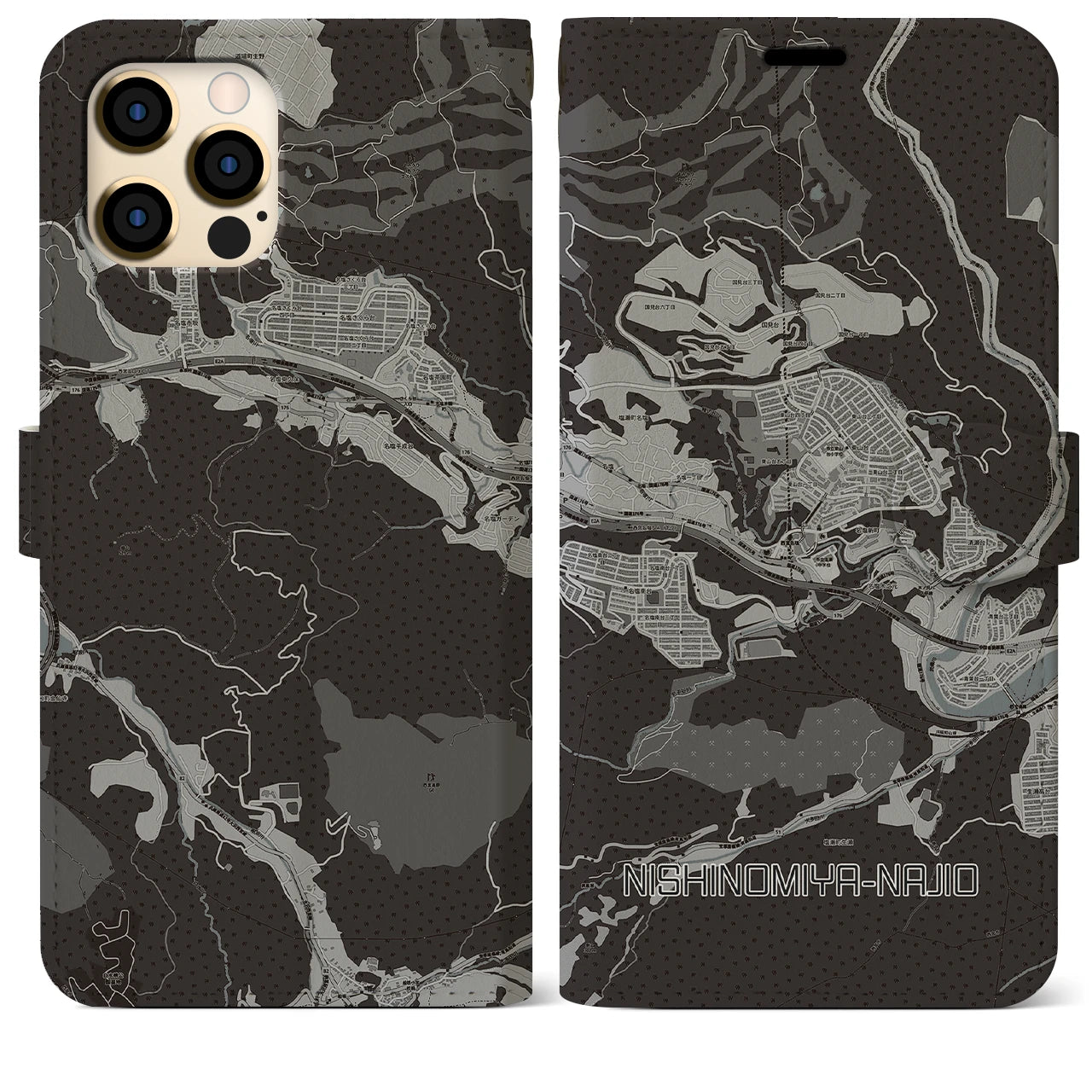 【西宮名塩(兵庫県)】地図柄iPhoneケース(手帳タイプ)モノトーン・iPhone 12 Pro Max 用