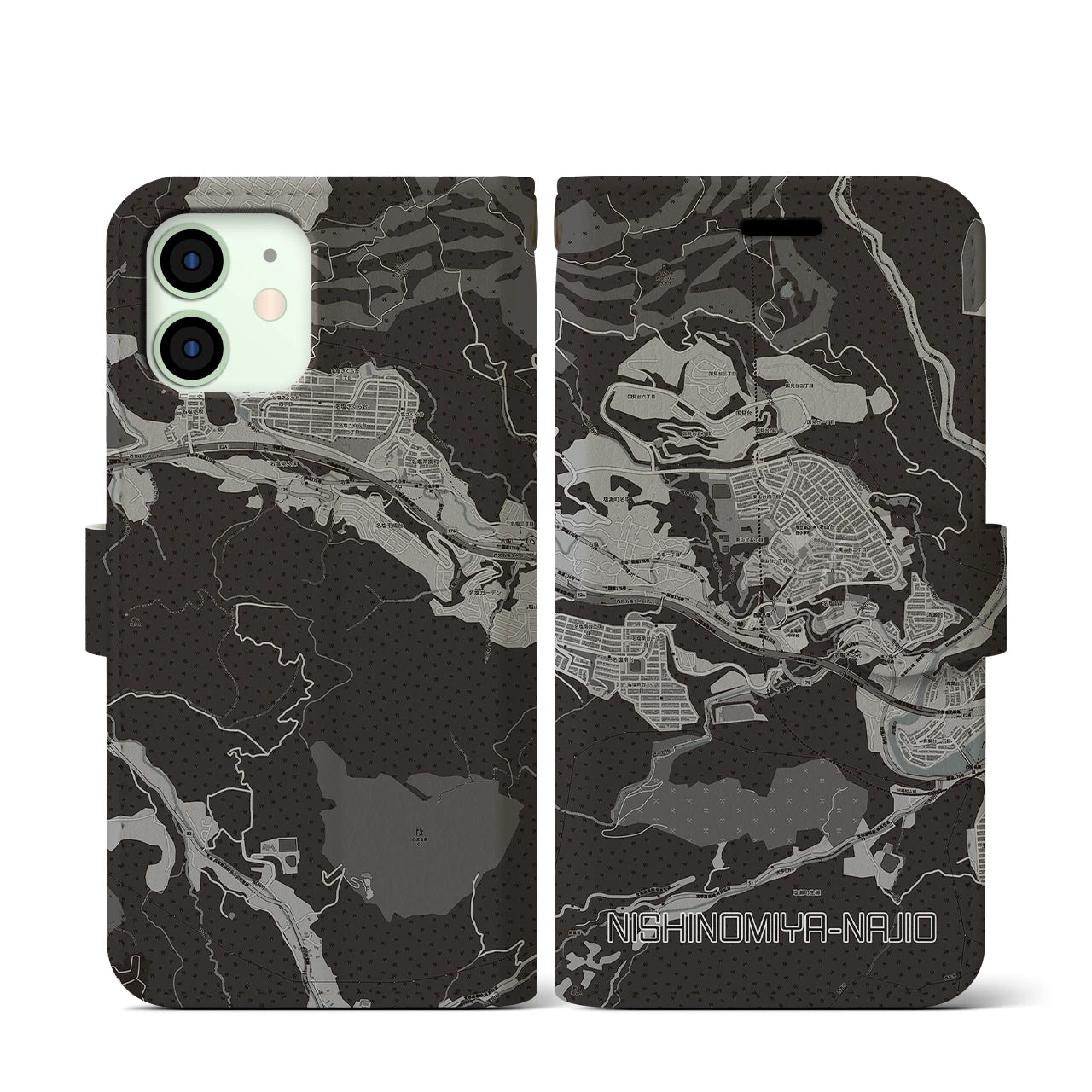 【西宮名塩(兵庫県)】地図柄iPhoneケース(手帳タイプ)モノトーン・iPhone 12 mini 用