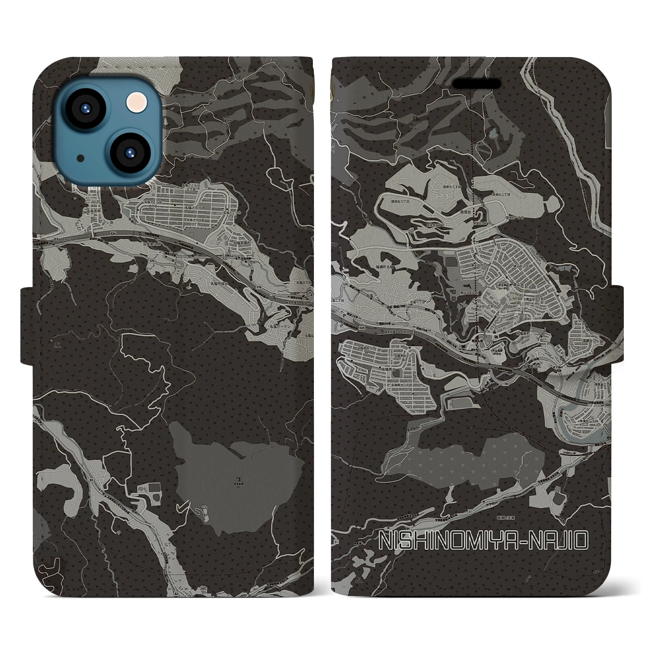 【西宮名塩(兵庫県)】地図柄iPhoneケース(手帳タイプ)モノトーン・iPhone 13 用