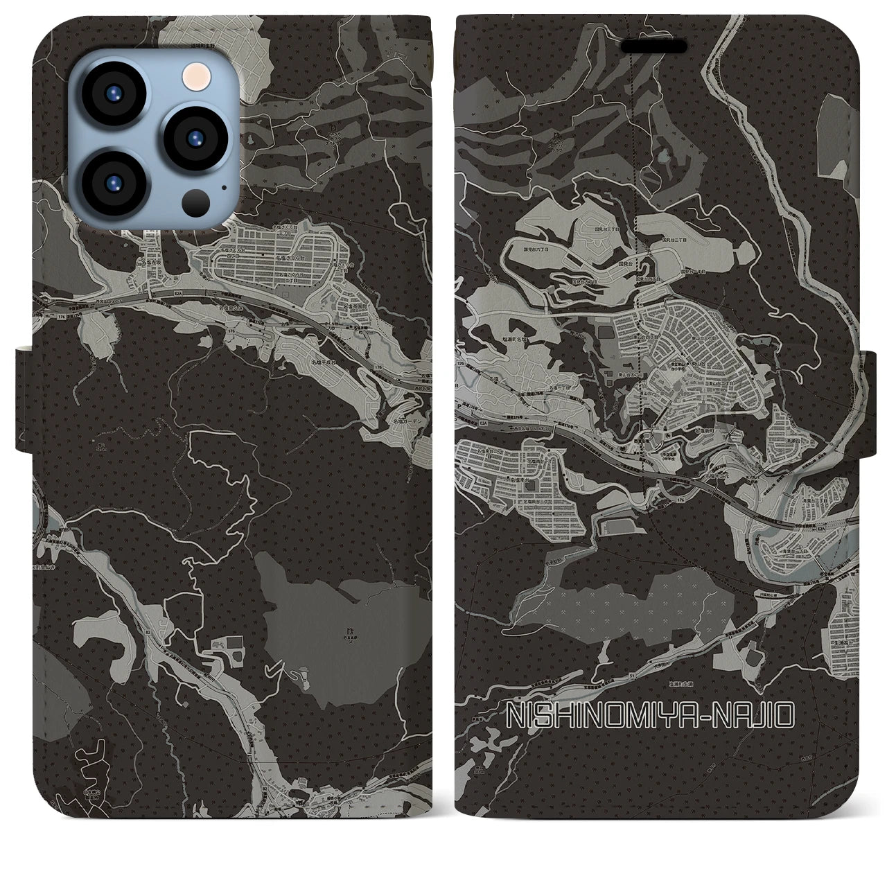 【西宮名塩(兵庫県)】地図柄iPhoneケース(手帳タイプ)モノトーン・iPhone 13 Pro Max 用