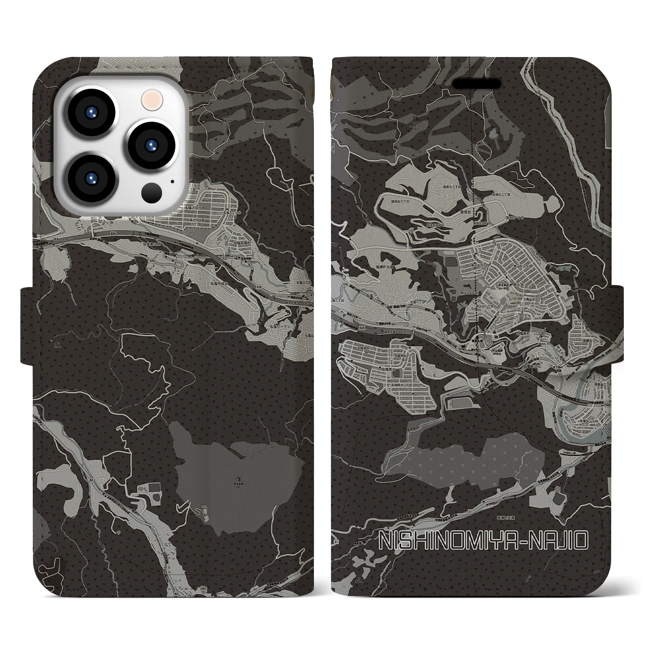 【西宮名塩(兵庫県)】地図柄iPhoneケース(手帳タイプ)モノトーン・iPhone 13 Pro 用
