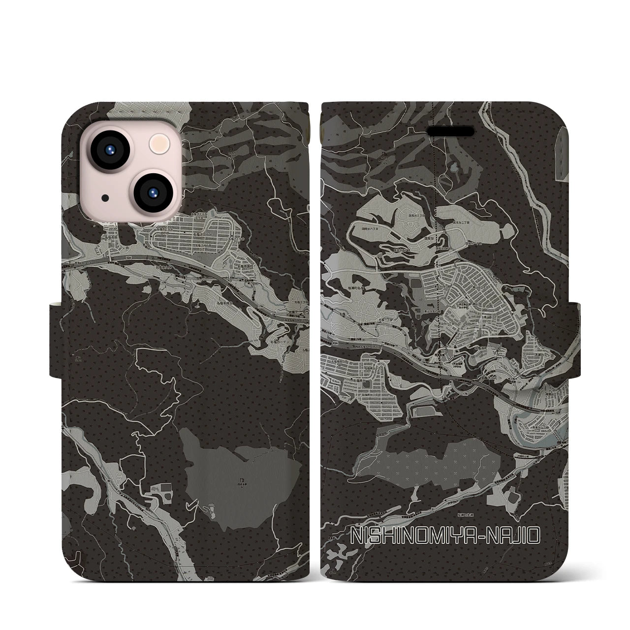 【西宮名塩(兵庫県)】地図柄iPhoneケース(手帳タイプ)モノトーン・iPhone 13 mini 用