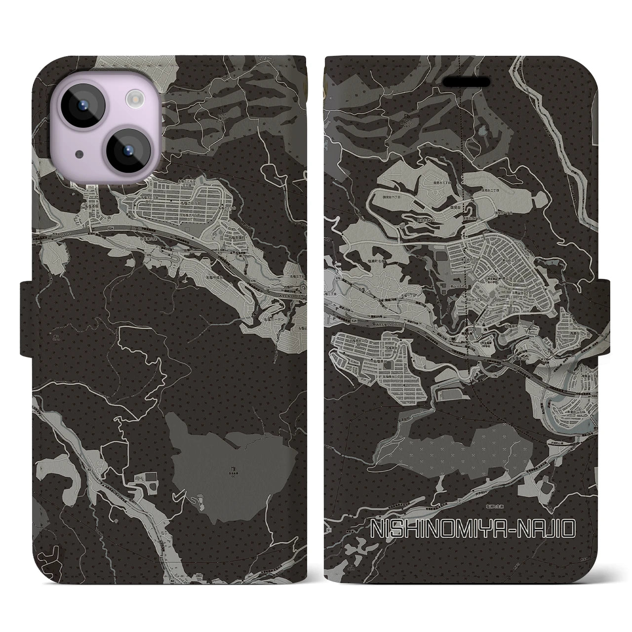 【西宮名塩(兵庫県)】地図柄iPhoneケース(手帳タイプ)モノトーン・iPhone 14 用