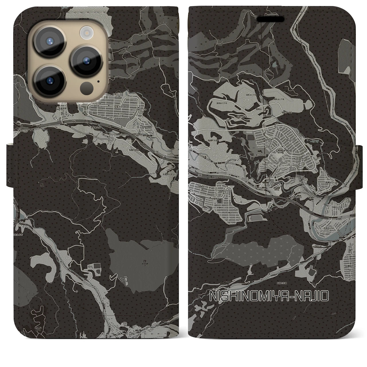 【西宮名塩(兵庫県)】地図柄iPhoneケース(手帳タイプ)モノトーン・iPhone 14 Pro Max 用