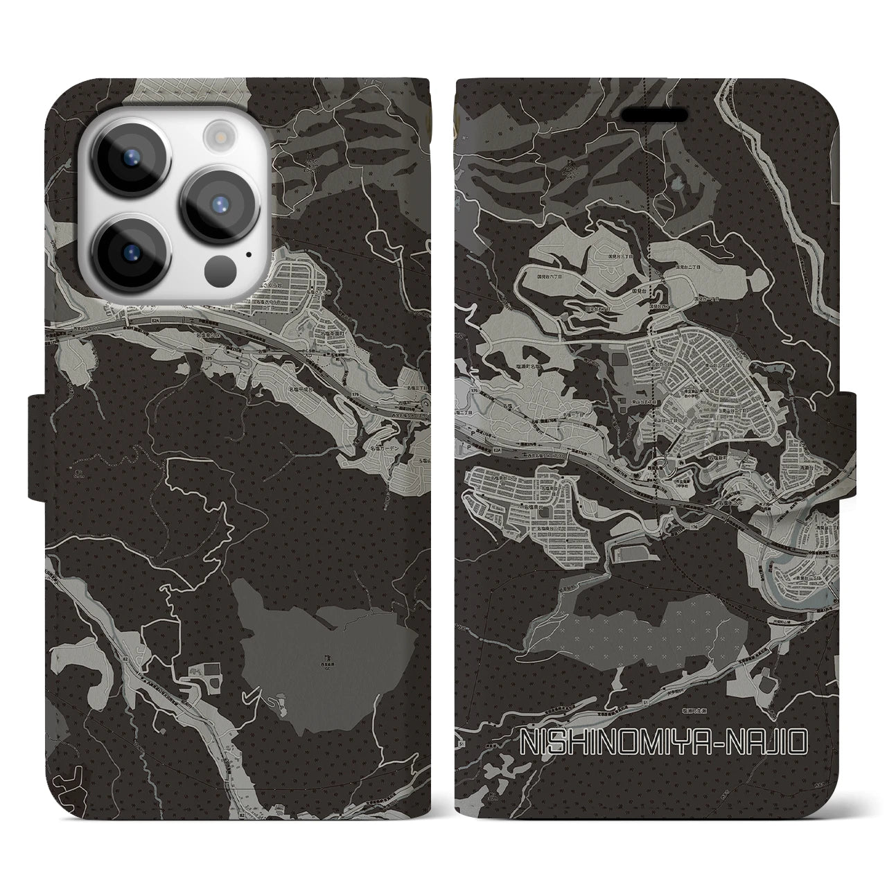 【西宮名塩(兵庫県)】地図柄iPhoneケース(手帳タイプ)モノトーン・iPhone 14 Pro 用