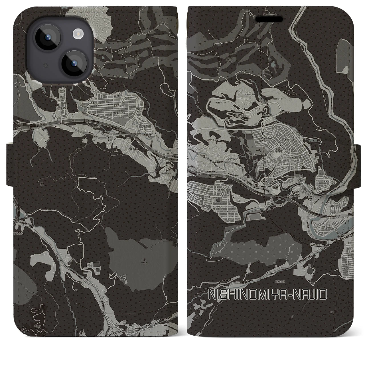 【西宮名塩(兵庫県)】地図柄iPhoneケース(手帳タイプ)モノトーン・iPhone 14 Plus 用