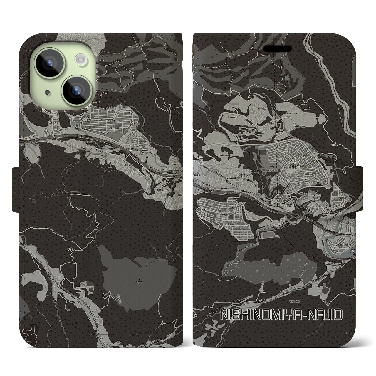 【西宮名塩(兵庫県)】地図柄iPhoneケース(手帳タイプ)モノトーン・iPhone 15 用