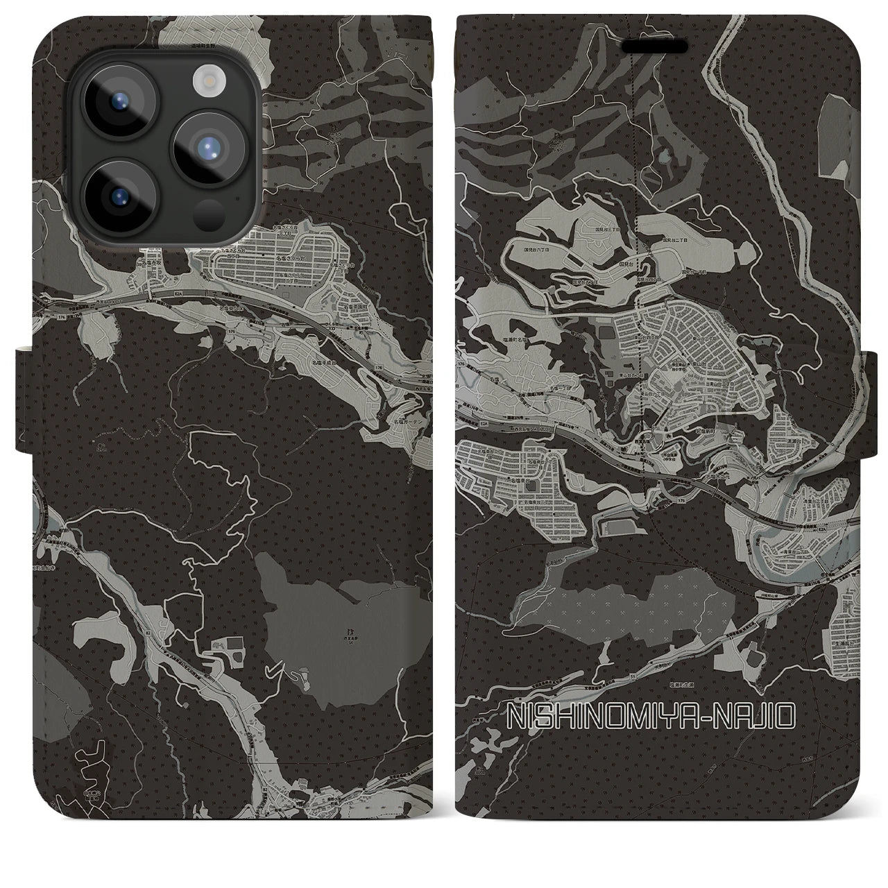 【西宮名塩(兵庫県)】地図柄iPhoneケース(手帳タイプ)モノトーン・iPhone 15 Pro Max 用