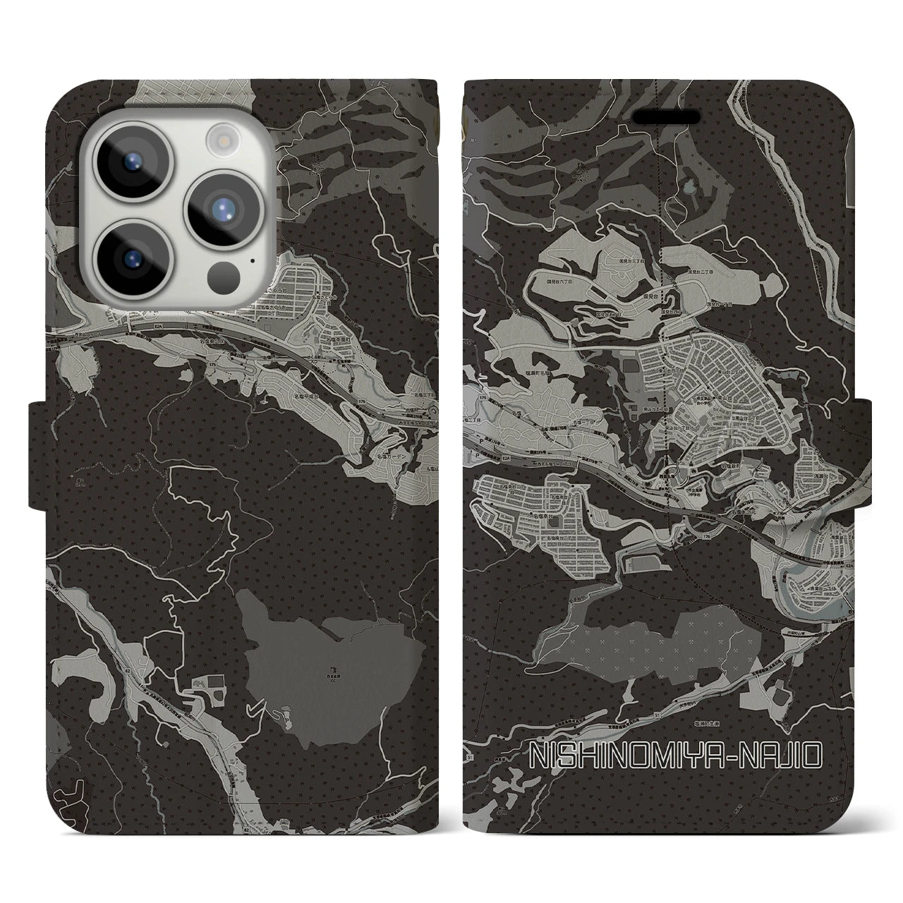 【西宮名塩(兵庫県)】地図柄iPhoneケース(手帳タイプ)モノトーン・iPhone 15 Pro 用