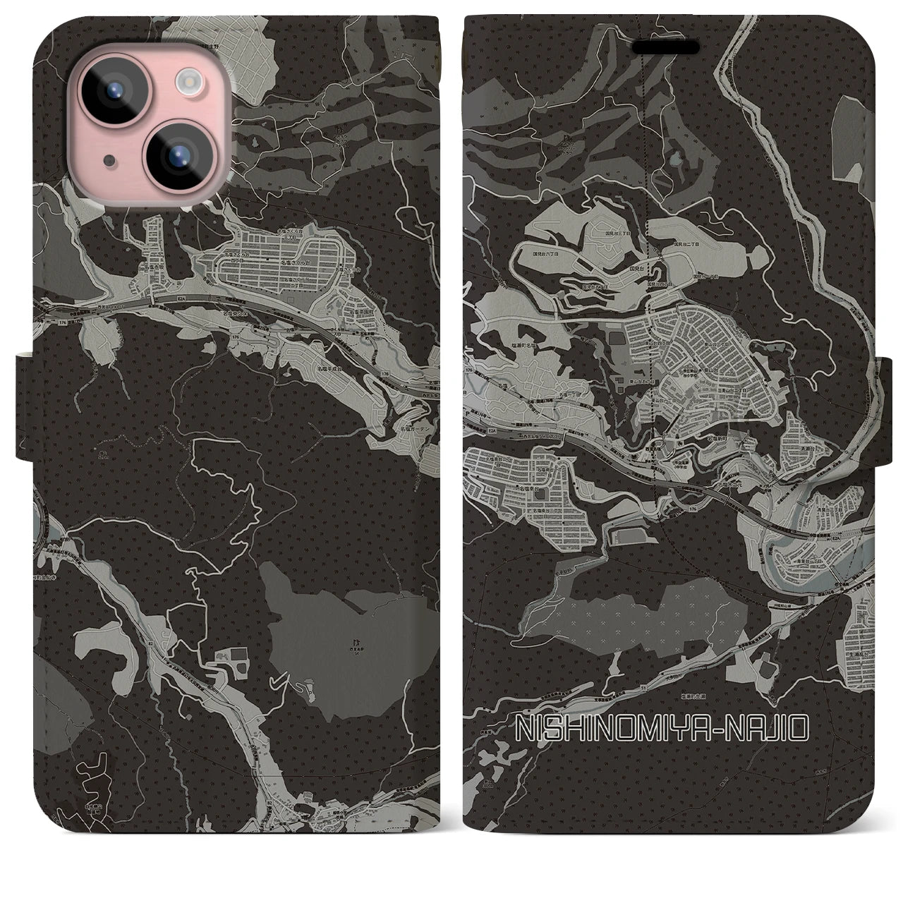 【西宮名塩(兵庫県)】地図柄iPhoneケース(手帳タイプ)モノトーン・iPhone 15 Plus 用