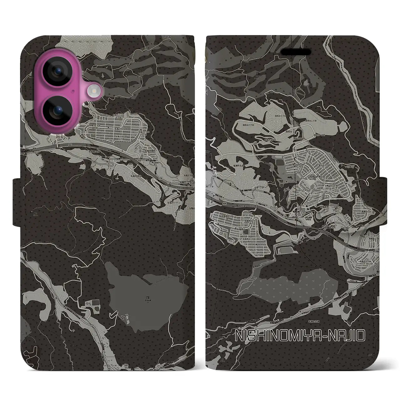 【西宮名塩(兵庫県)】地図柄iPhoneケース(手帳タイプ)モノトーン・iPhone 16 Pro 用