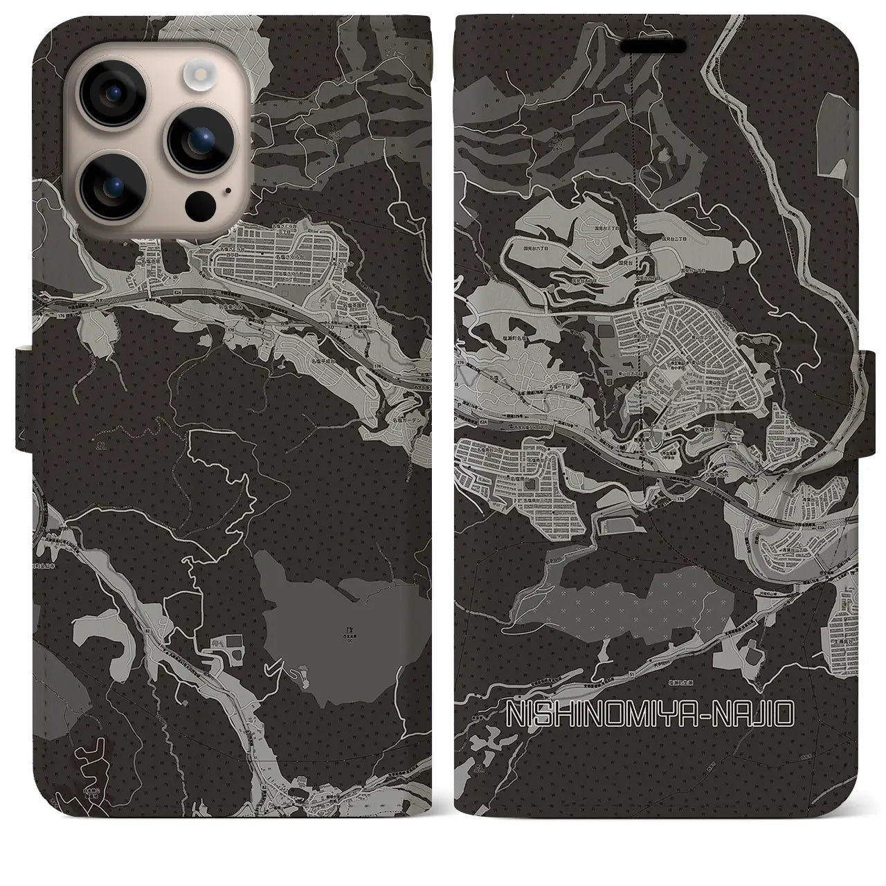 【西宮名塩(兵庫県)】地図柄iPhoneケース(手帳タイプ)モノトーン・iPhone 16 Plus 用