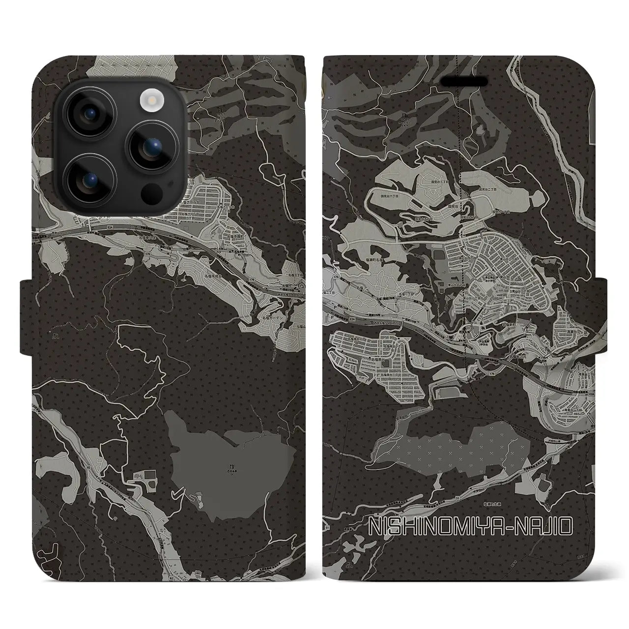 【西宮名塩(兵庫県)】地図柄iPhoneケース(手帳タイプ)モノトーン・iPhone 16 用