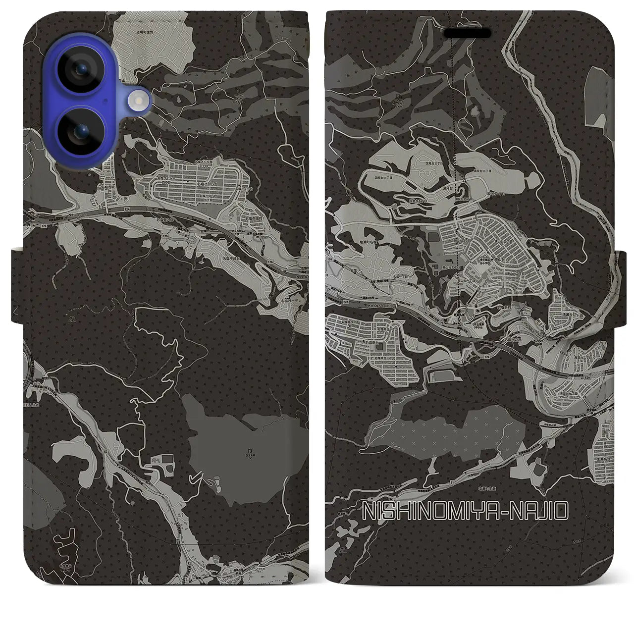 【西宮名塩(兵庫県)】地図柄iPhoneケース(手帳タイプ)モノトーン・iPhone 16 Pro Max 用