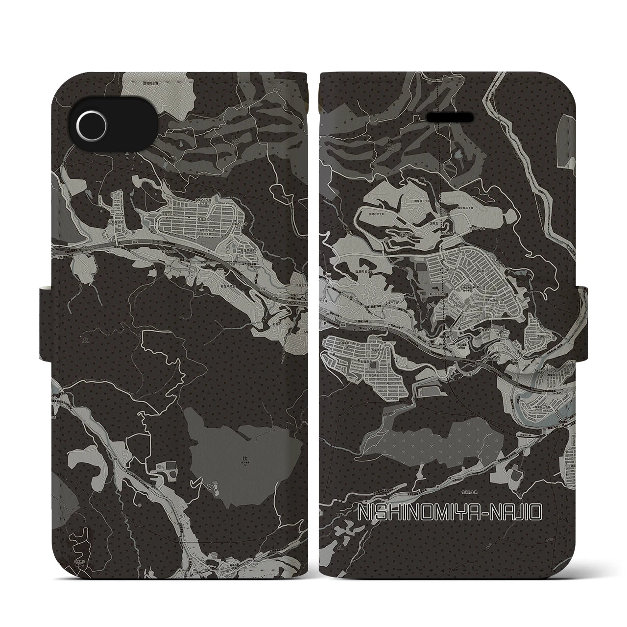 【西宮名塩(兵庫県)】地図柄iPhoneケース(手帳タイプ)モノトーン・iPhone SE(第3 / 第2世代) / 8 / 7 / 6s / 6 用