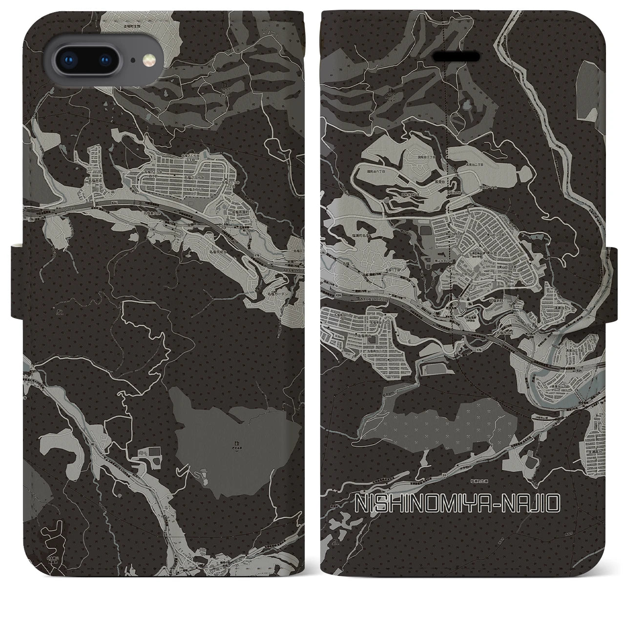 【西宮名塩(兵庫県)】地図柄iPhoneケース(手帳タイプ)モノトーン・iPhone 8Plus /7Plus / 6sPlus / 6Plus 用