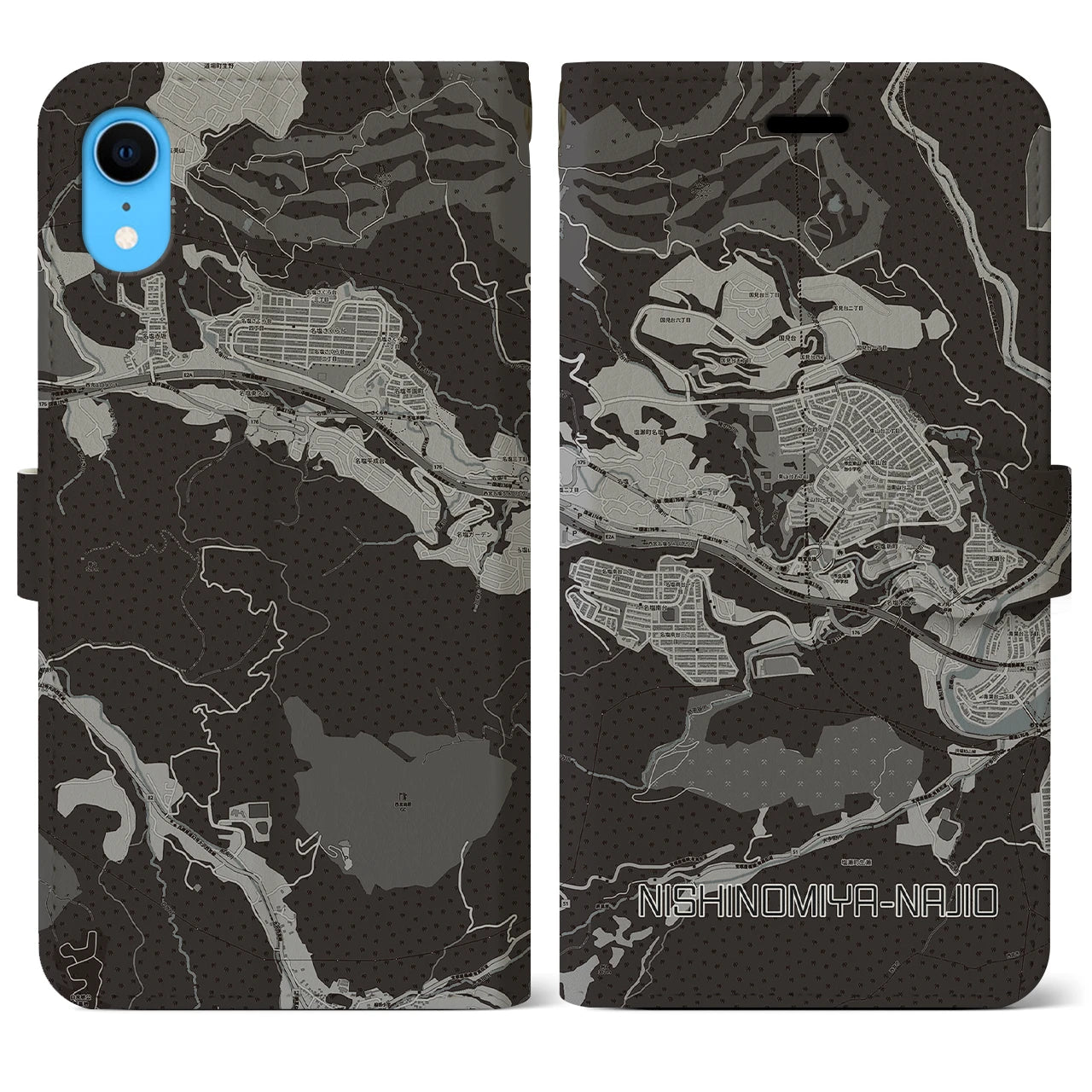 【西宮名塩(兵庫県)】地図柄iPhoneケース(手帳タイプ)モノトーン・iPhone XR 用