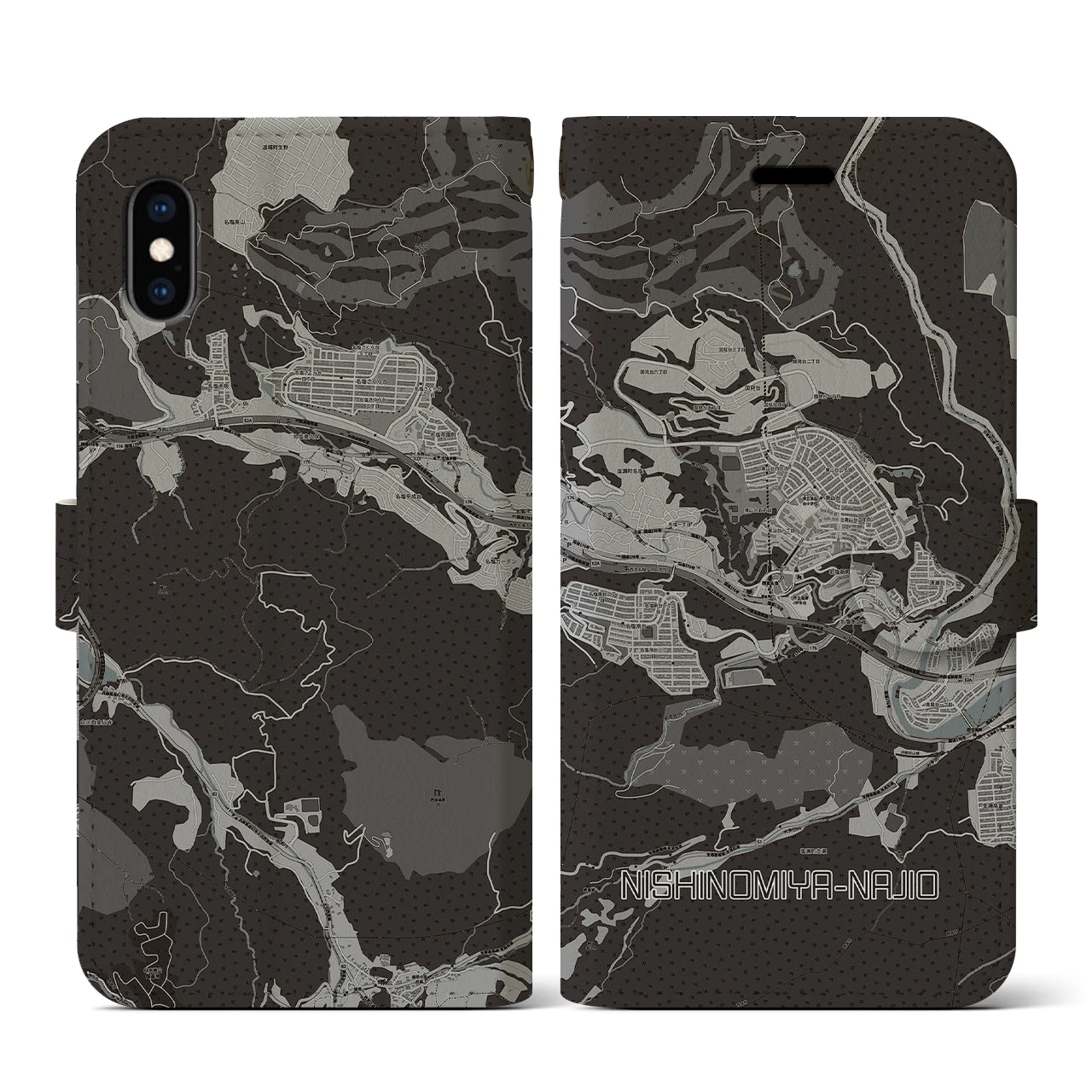 【西宮名塩(兵庫県)】地図柄iPhoneケース(手帳タイプ)モノトーン・iPhone XS / X 用