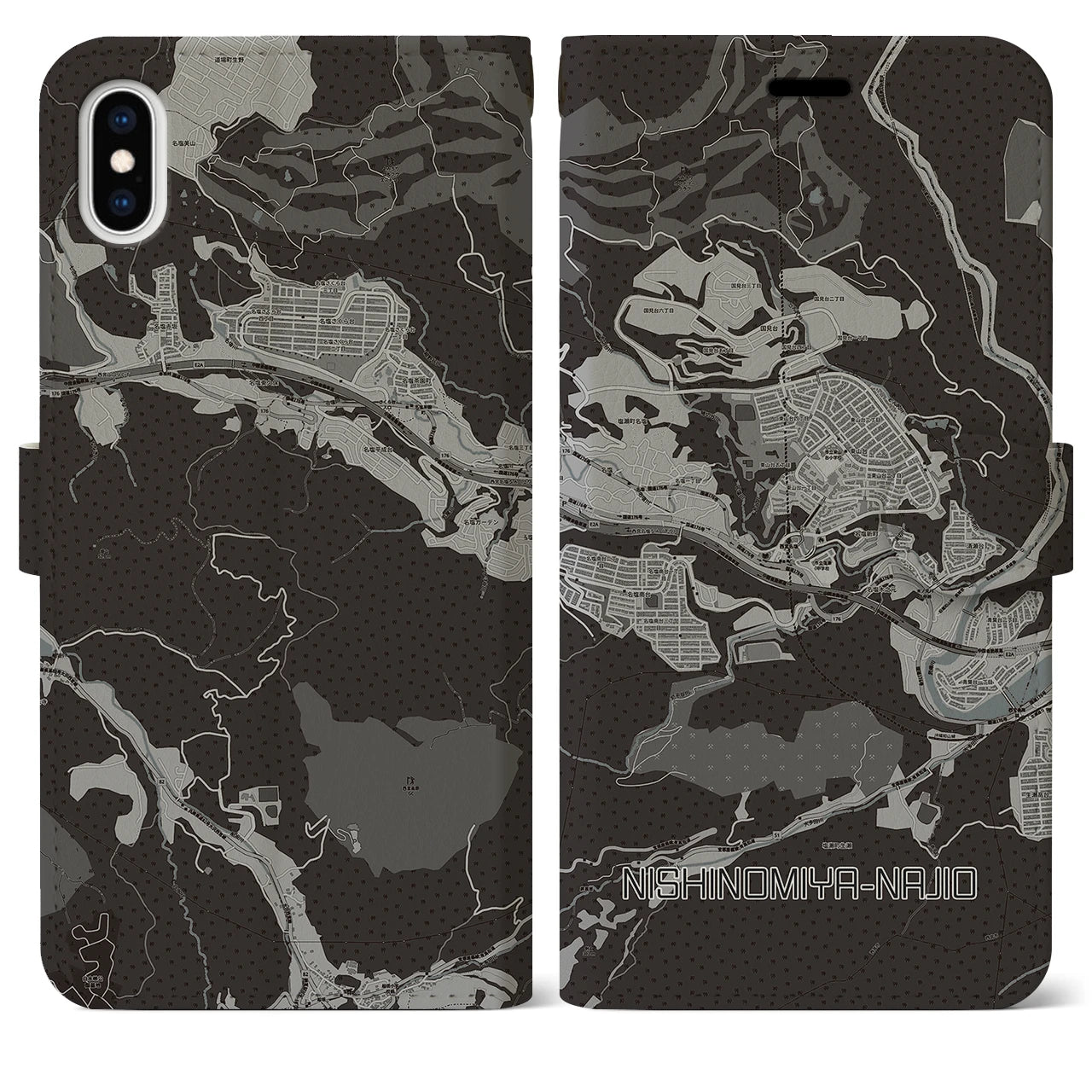 【西宮名塩(兵庫県)】地図柄iPhoneケース(手帳タイプ)モノトーン・iPhone XS Max 用