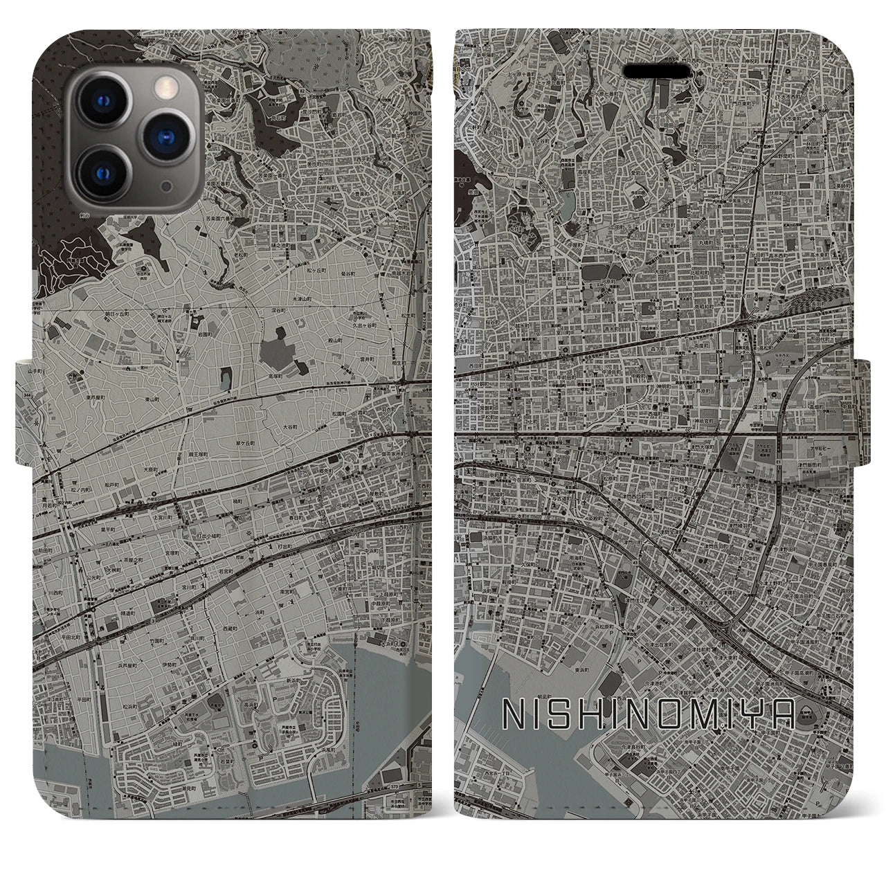 【西宮(兵庫県)】地図柄iPhoneケース(手帳タイプ)モノトーン・iPhone 11 Pro Max 用