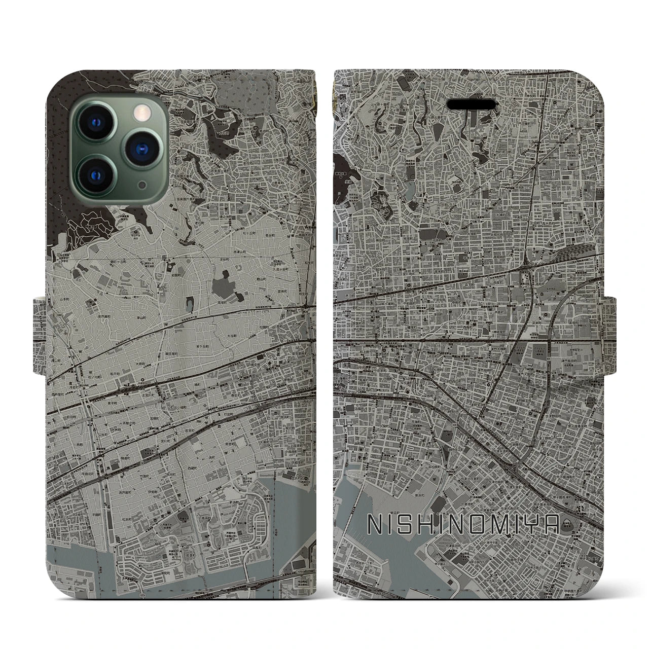 【西宮(兵庫県)】地図柄iPhoneケース(手帳タイプ)モノトーン・iPhone 11 Pro 用