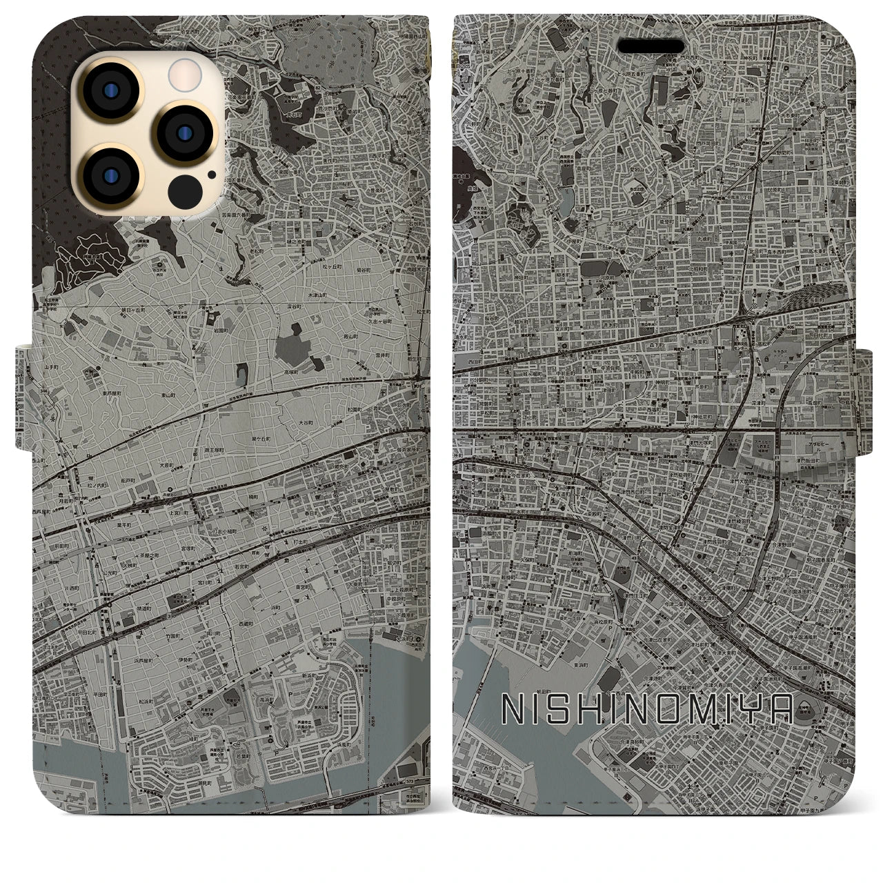 【西宮(兵庫県)】地図柄iPhoneケース(手帳タイプ)モノトーン・iPhone 12 Pro Max 用